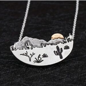 Bohemian Desert Sunset Cactus Pendant Necklace